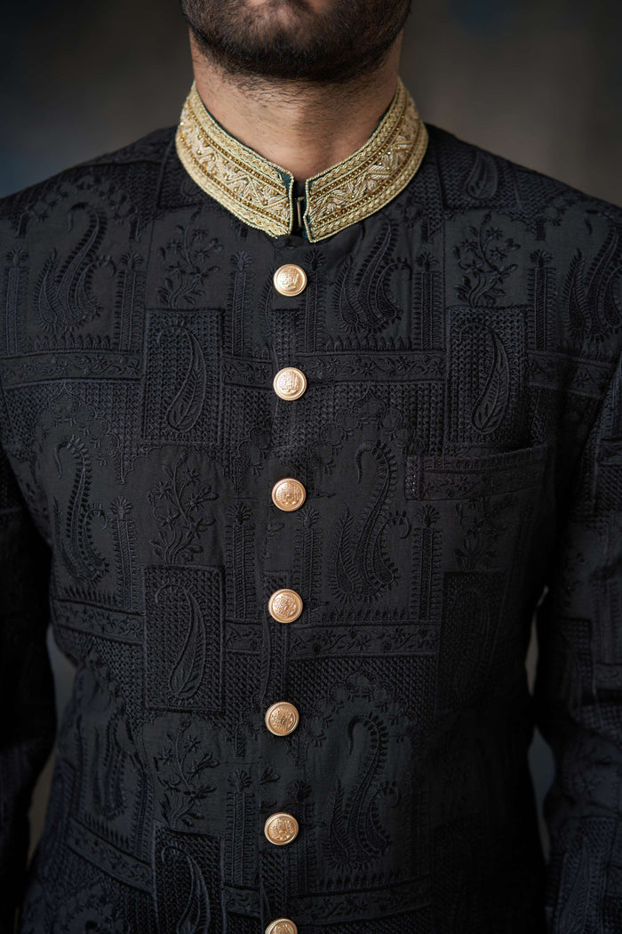 Black Thread Embroidered Silk Sherwani with Zardozi Adornments, Royal Wedding Attire.