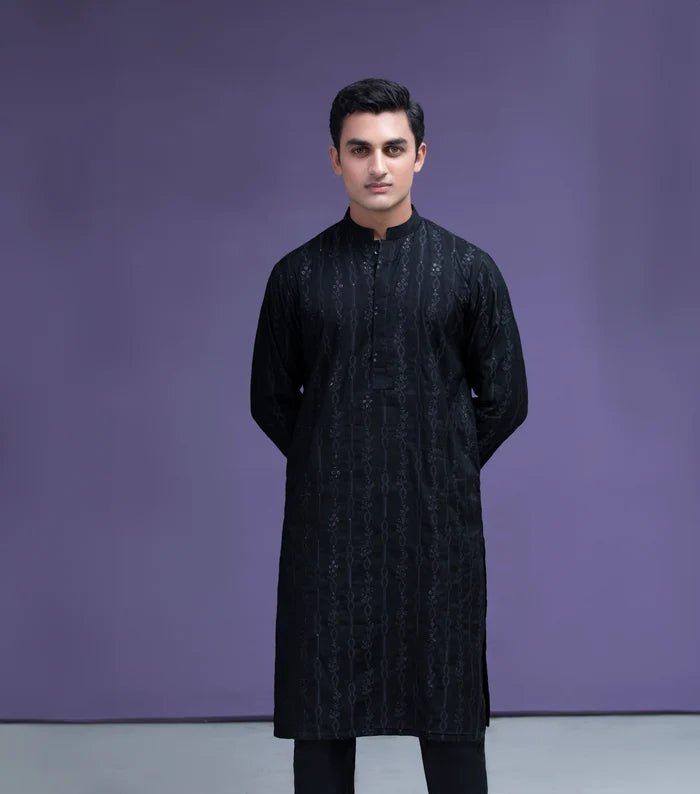 Black Zari Cotton Jacquard Kurta/Pyjama set