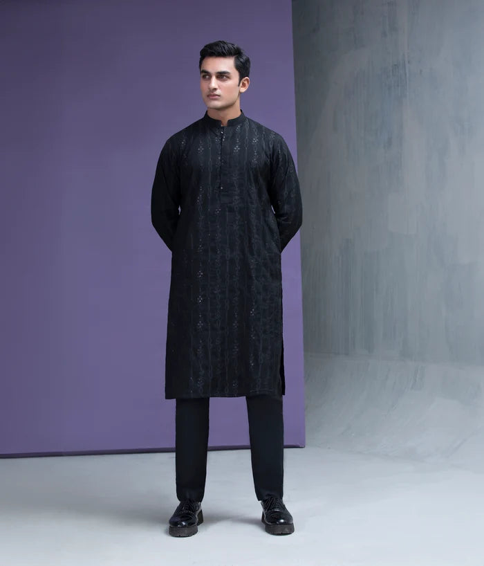 Black Zari Cotton Jacquard Kurta/Pyjama set