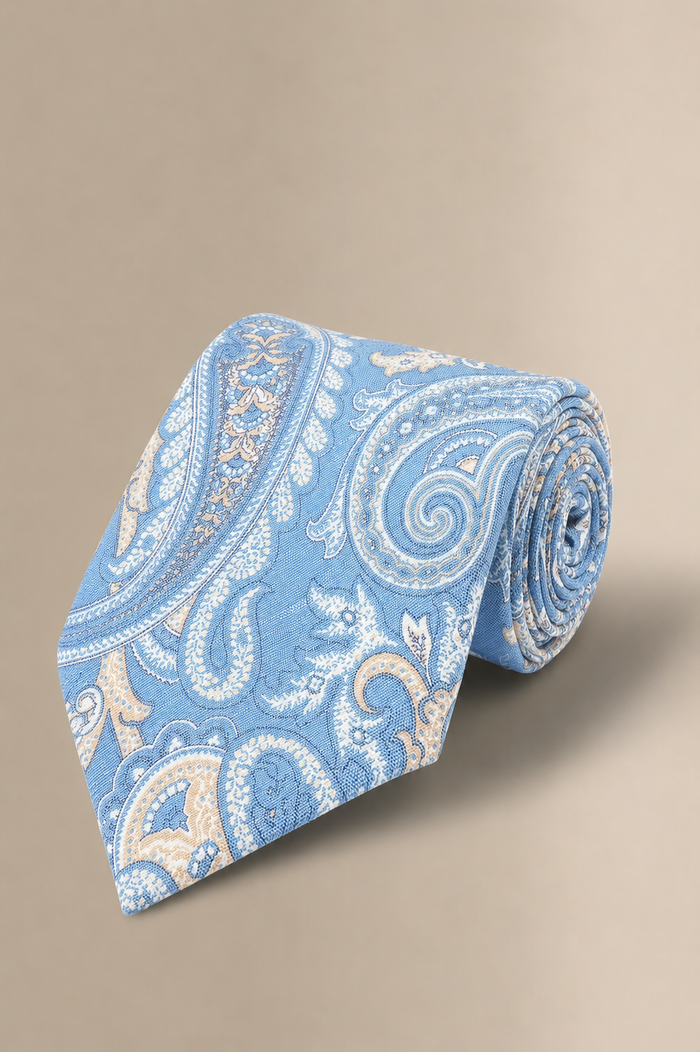 Blue Paisley Printed Linen & Silk Tie