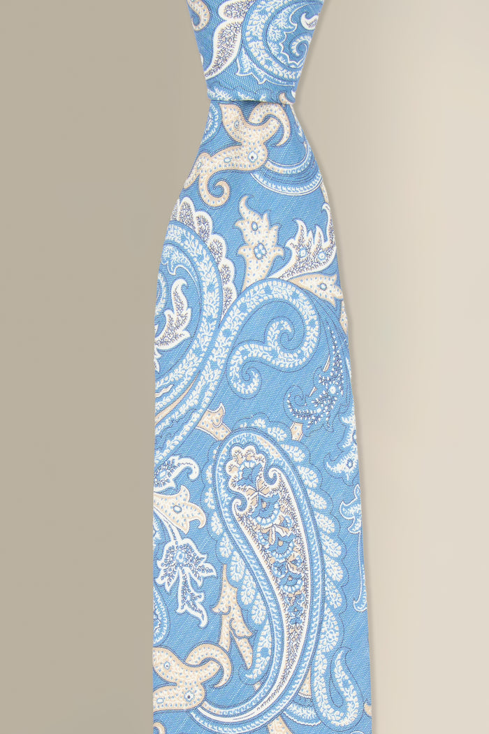 Blue Paisley Printed Linen & Silk Tie