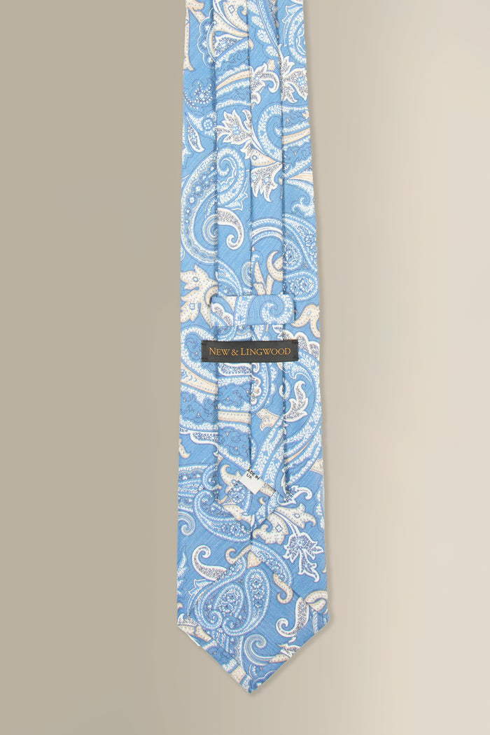 Blue Paisley Printed Linen & Silk Tie