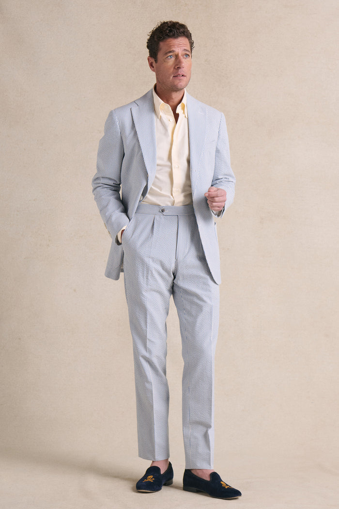 Blue Stripe Single Pleat Seersucker Trousers