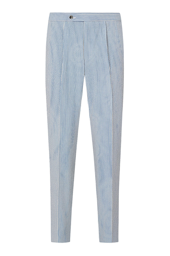 Blue Stripe Single Pleat Seersucker Trousers