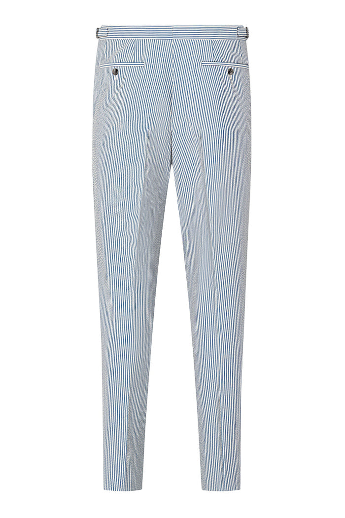 Blue Stripe Single Pleat Seersucker Trousers