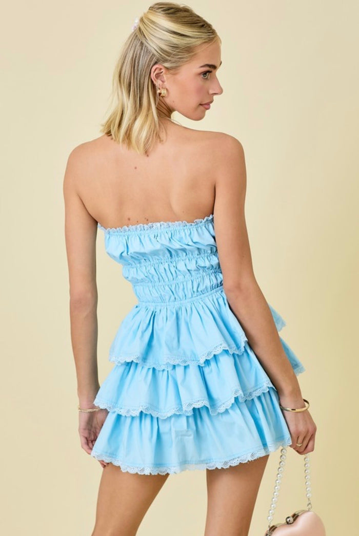 Blue Tiered Lace Border Mini Dress
