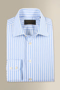 Blue & White Butcher Stripe St James' Collar Tailored Fit Single Cuff Cotton & Linen Shirt
