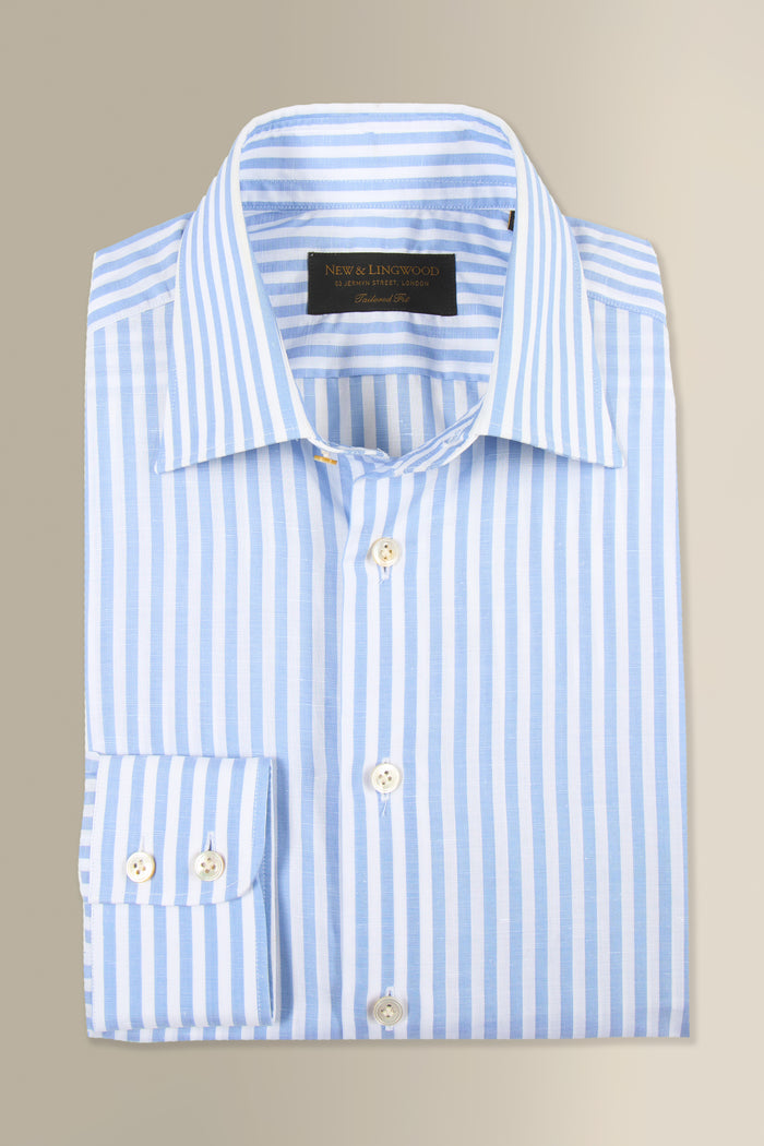 Blue & White Butcher Stripe St James' Collar Tailored Fit Single Cuff Cotton & Linen Shirt