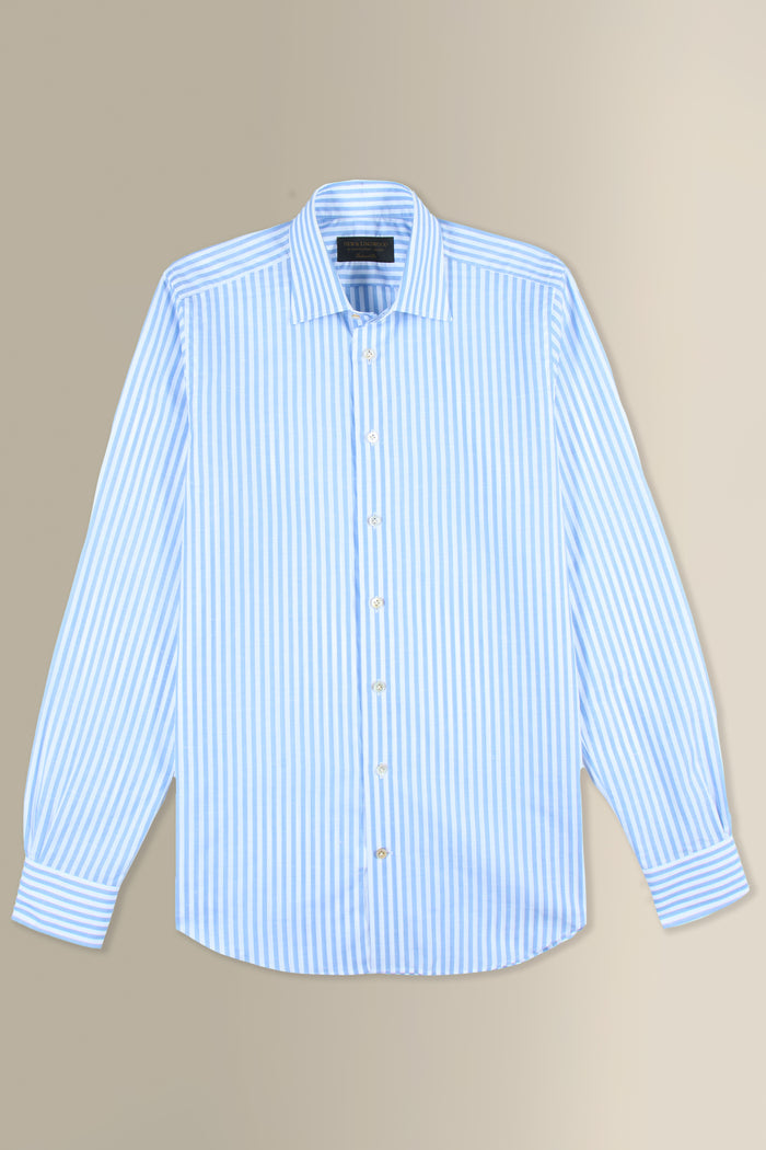 Blue & White Butcher Stripe St James' Collar Tailored Fit Single Cuff Cotton & Linen Shirt