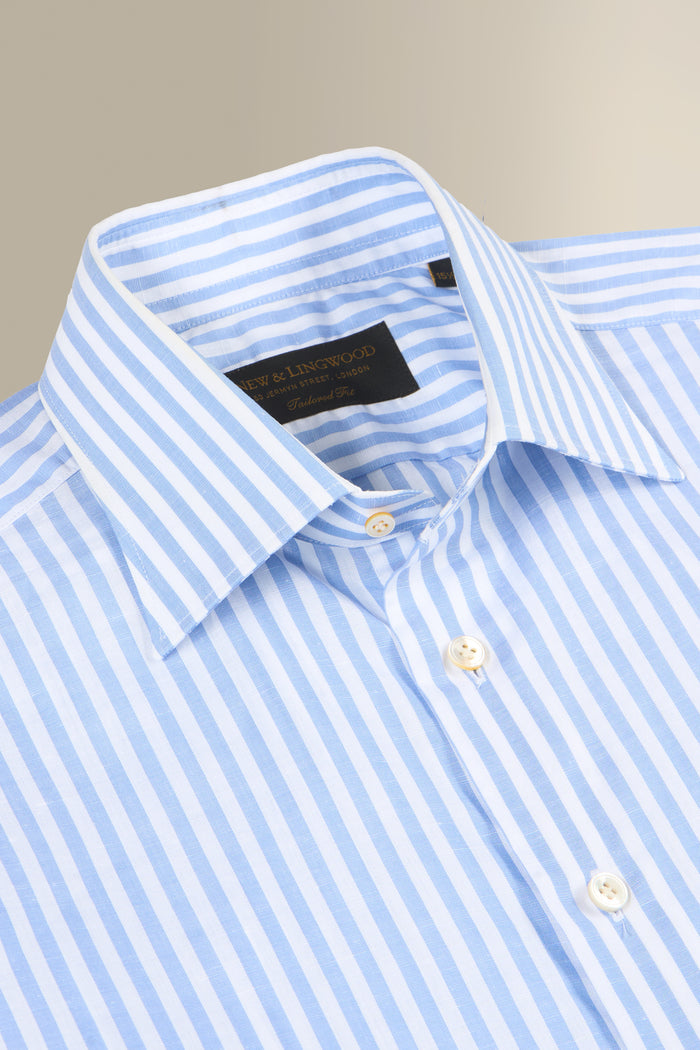 Blue & White Butcher Stripe St James' Collar Tailored Fit Single Cuff Cotton & Linen Shirt