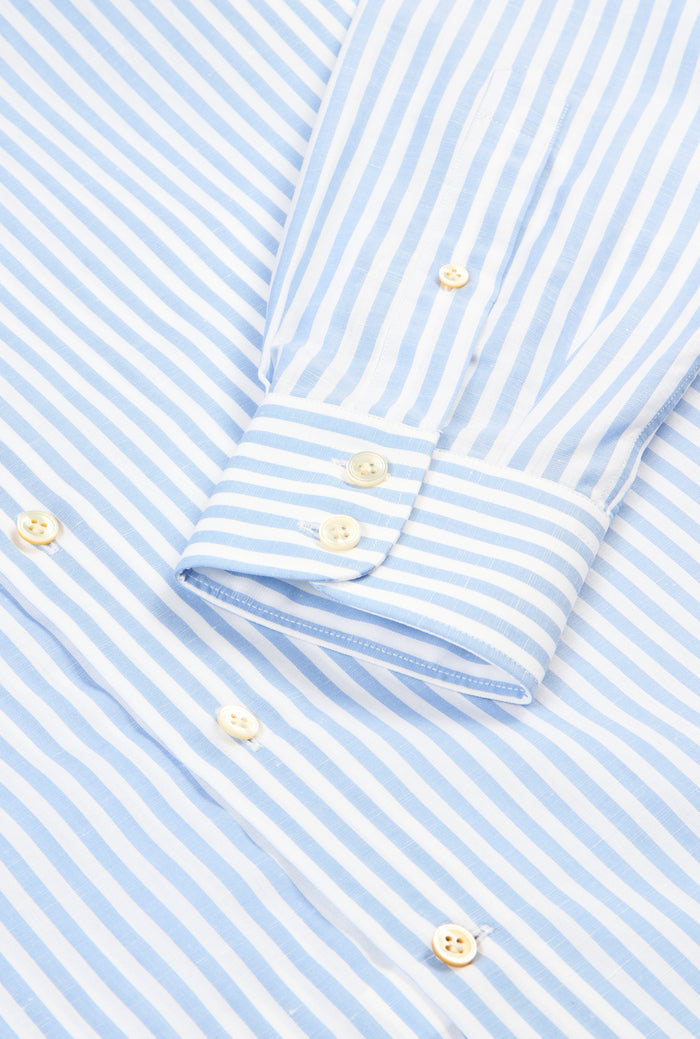 Blue & White Butcher Stripe St James' Collar Tailored Fit Single Cuff Cotton & Linen Shirt