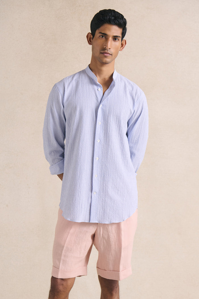 Blue & White Seersucker Neckband Shirt
