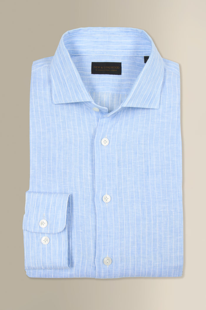 Blue & White Stripe Cutaway Collar Standard Fit Single Cuff Linen Shirt