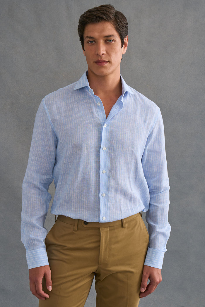 Blue & White Stripe Cutaway Collar Standard Fit Single Cuff Linen Shirt