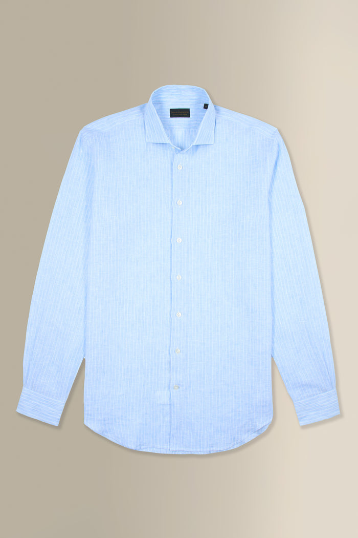 Blue & White Stripe Cutaway Collar Standard Fit Single Cuff Linen Shirt