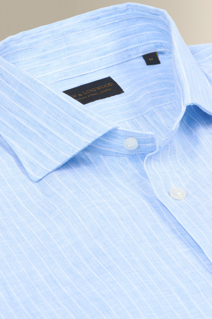 Blue & White Stripe Cutaway Collar Standard Fit Single Cuff Linen Shirt