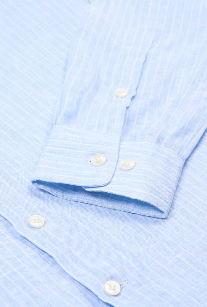 Blue & White Stripe Cutaway Collar Standard Fit Single Cuff Linen Shirt