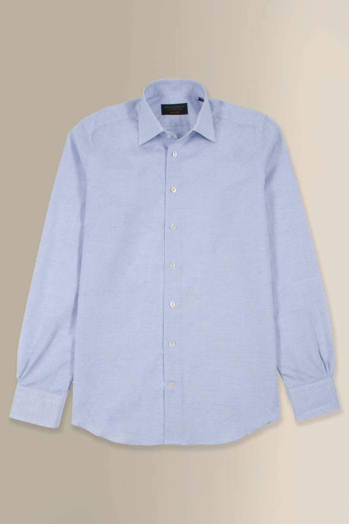 Blue & White Windowpane Check St James' Collar Tailored Fit Single Cuff Cotton & Linen Shirt