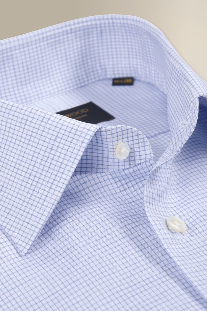 Blue & White Windowpane Check St James' Collar Tailored Fit Single Cuff Cotton & Linen Shirt
