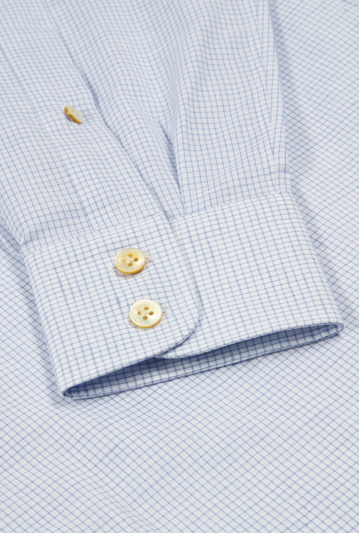 Blue & White Windowpane Check St James' Collar Tailored Fit Single Cuff Cotton & Linen Shirt