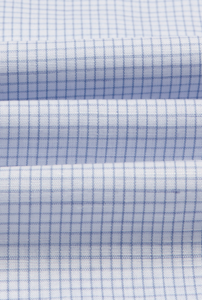 Blue & White Windowpane Check St James' Collar Tailored Fit Single Cuff Cotton & Linen Shirt