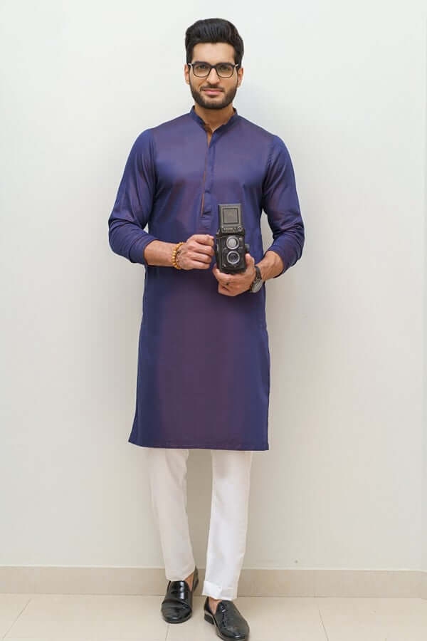Bluish Purple Kurta and White Pyjama