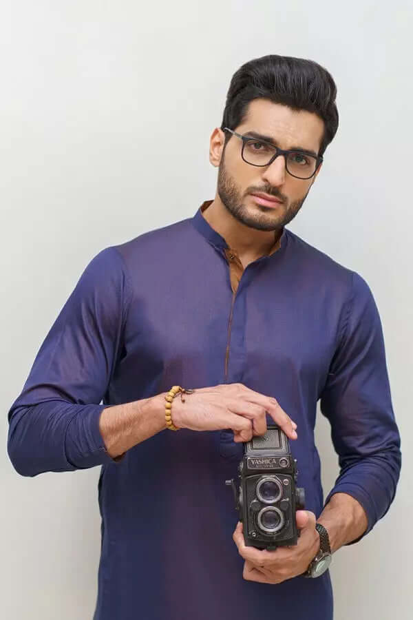 Bluish Purple Kurta and White Pyjama