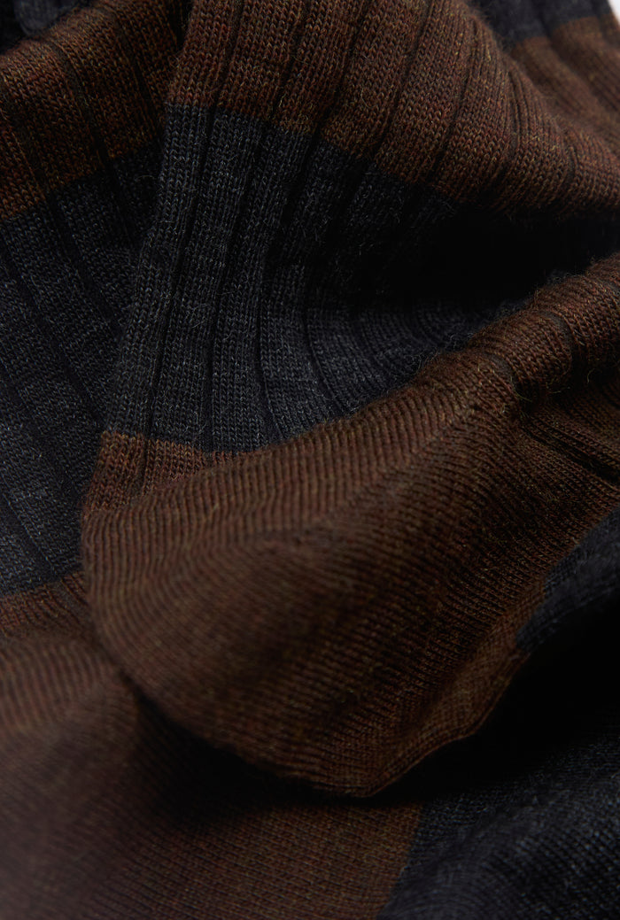 Brown & Dark Grey Stripe Long Lightweight Wool Socks