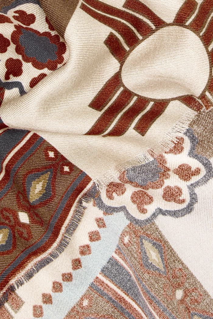 Brown & Navy Mosaic Wool & Silk Scarf
