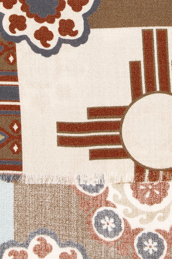 Brown & Navy Mosaic Wool & Silk Scarf