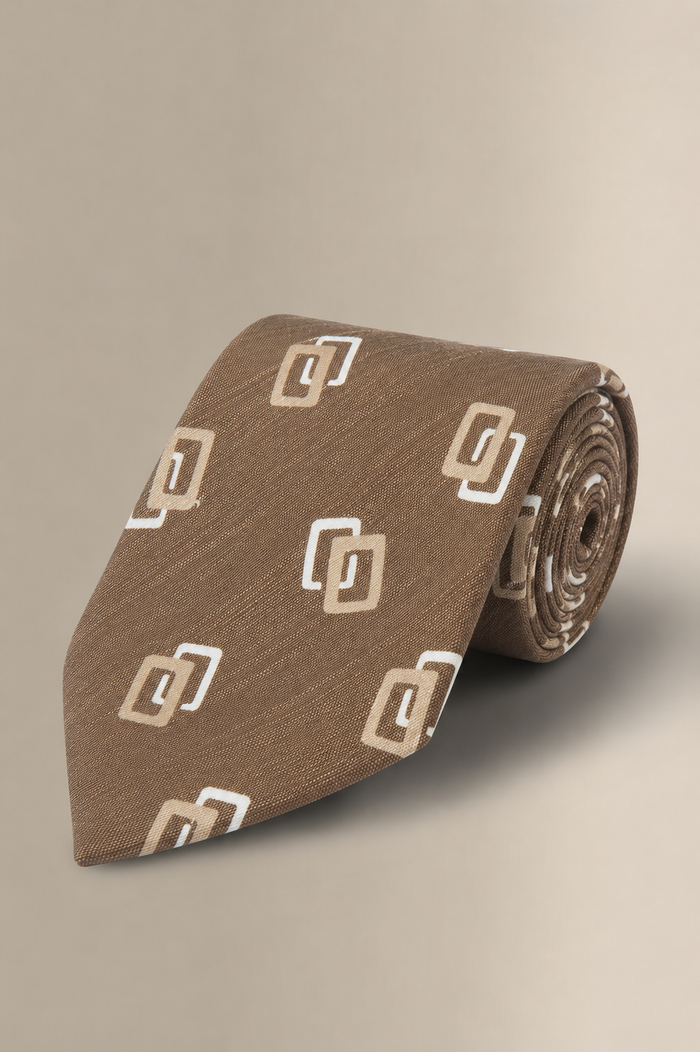 Brown Shapes Printed Linen & Silk Tie