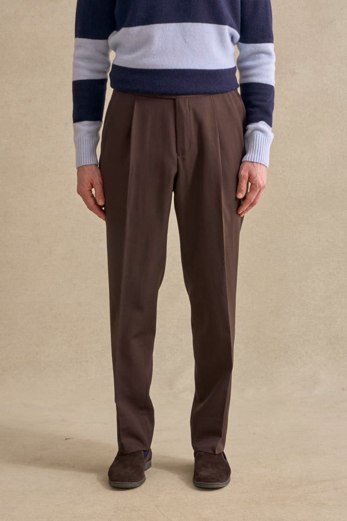 Brown Single Pleat Gabardine Trousers