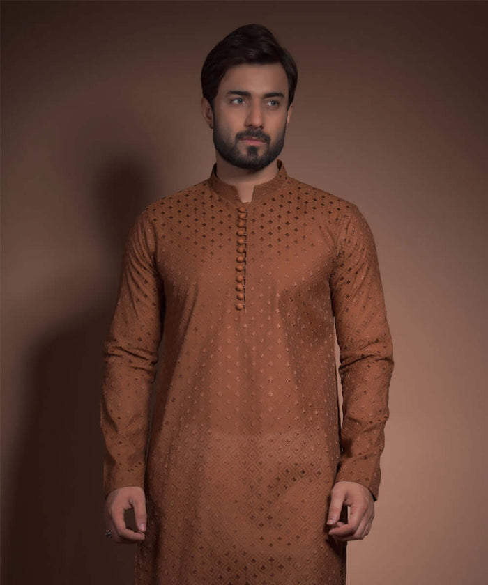 Burnt Sienna/Brown Diamond Textured Kurta