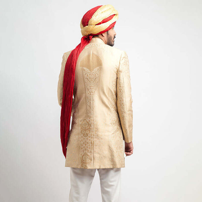 Champagne Gold Brocade Short Sherwani, Elegant Embroidered Wedding Attire
