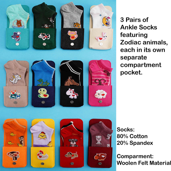 Chinese Zodiac 3 Pairs Ankle Socks with Mini Pocket Compartment