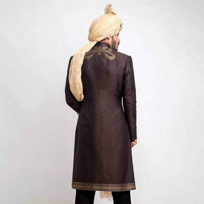 Chocolate Brown Brocade Form-Fitted Sherwani with intricate detailing