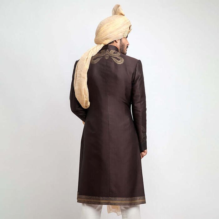 Chocolate Brown Brocade Form-Fitted Sherwani with intricate detailing