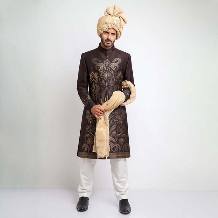 Chocolate Brown Brocade Form-Fitted Sherwani with intricate detailing