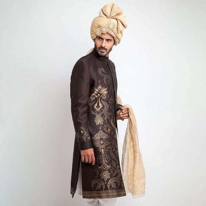 Chocolate Brown Brocade Form-Fitted Sherwani with intricate detailing