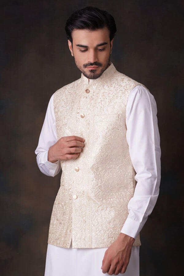Cream and Gold Embroidered Waistcoat