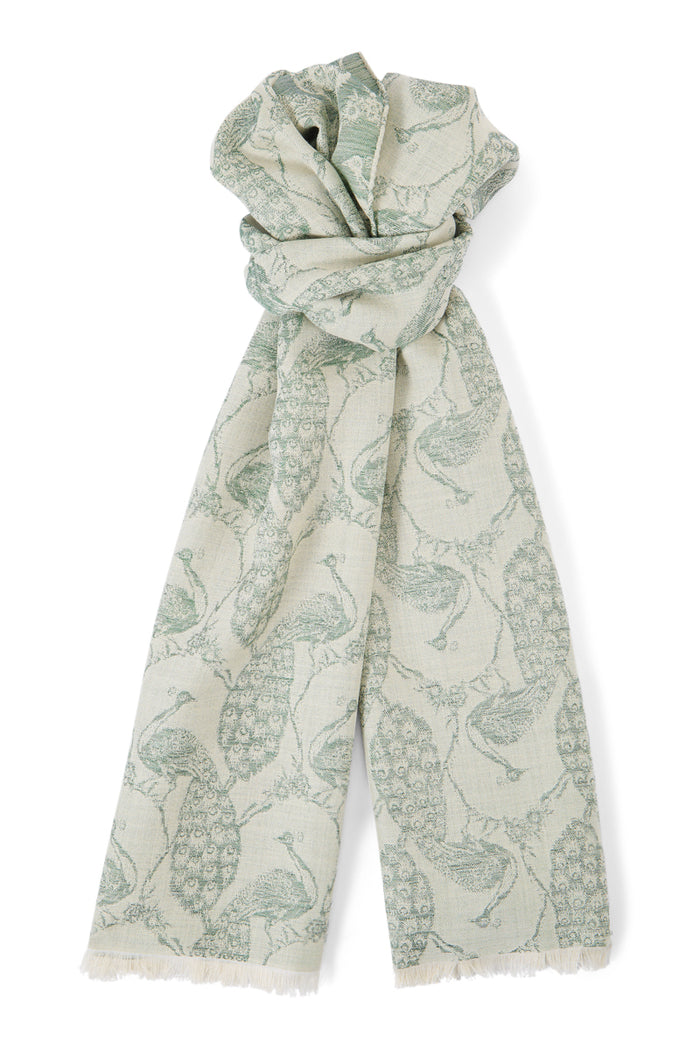 Cream & Green Peacock Wool & Silk Pashmina