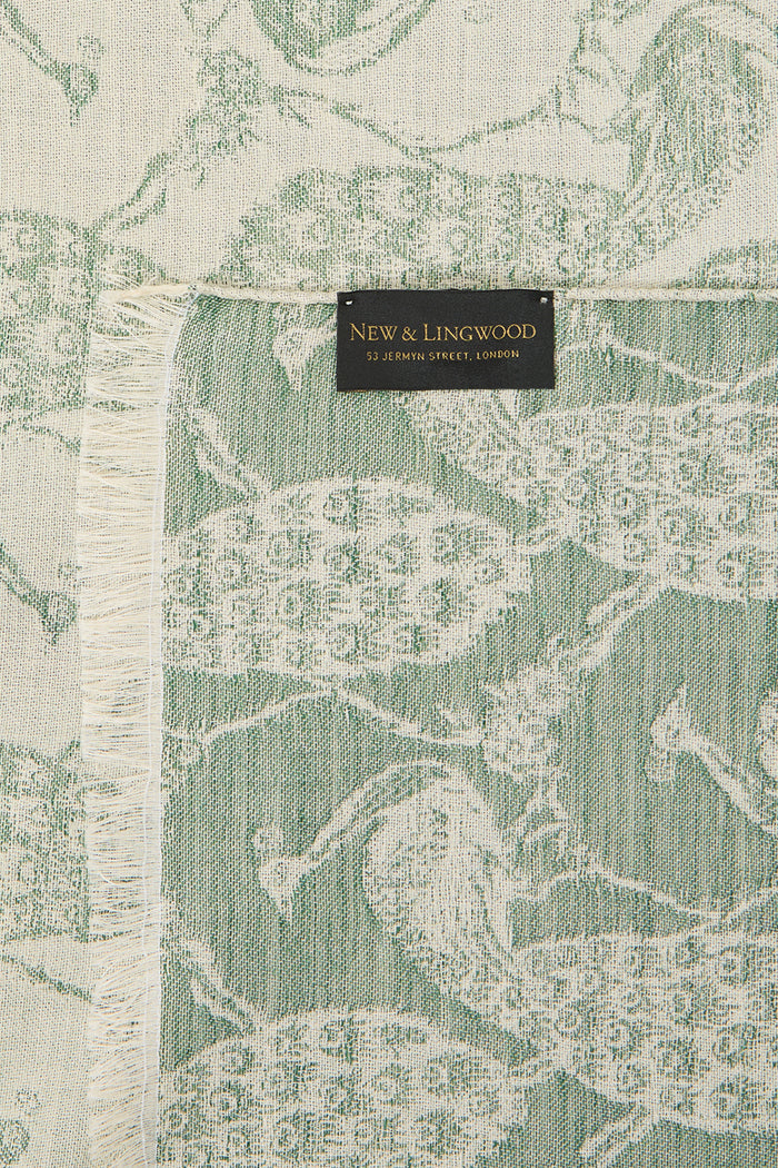 Cream & Green Peacock Wool & Silk Pashmina