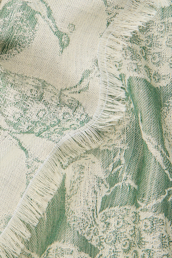 Cream & Green Peacock Wool & Silk Pashmina
