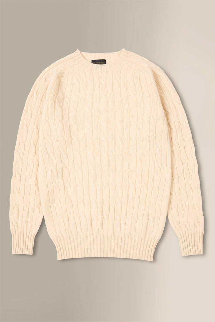 Cream Lambswool Cable Knit Crew Neck Jumper