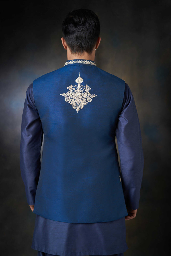 Dark Azure Blue Embroidered Men Waistcoat