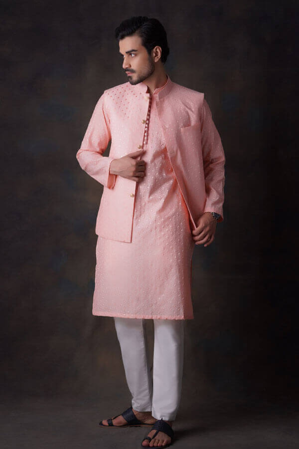 Peach Diamond Embroidered sheer kurta