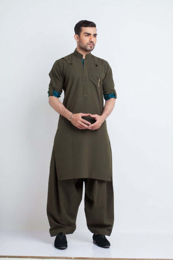 Dark Green Mixed Cotton Shalwar Kameez – Classic and Comfortable Traditional Wear