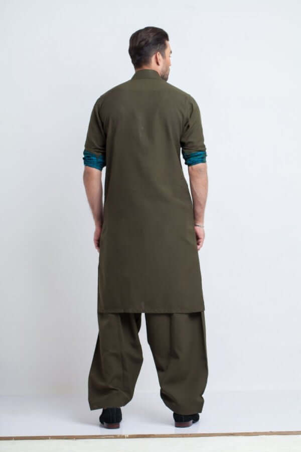 Dark Green Mixed Cotton Shalwar Kameez – Classic and Comfortable Traditional Wear