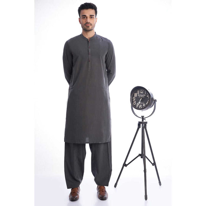 Dark Grey Textured Mens Shalwar Kameez
