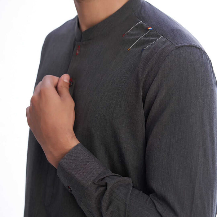 Dark Grey Textured Mens Shalwar Kameez